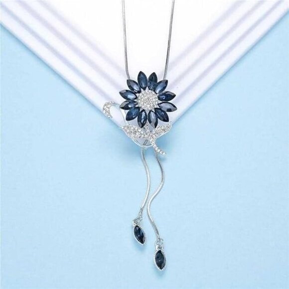 Bling Queen CZ Simulated Sapphire Sunflower Sliding Pendant Necklace - Picture 3 of 9